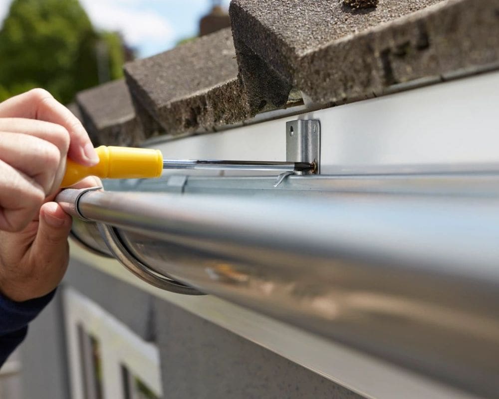 A person holding a yellow object over the top of their gutter.